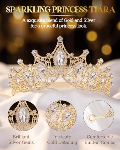 Princess Tiara Crown with Satin Gloves Set Crystal Headpiece for Graduation Prom and Party Photo Props - color: Gold, style: B