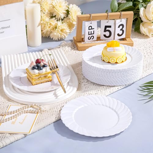 U-QE 100 Count White Plastic Plates for Party - 7 Inch Scalloped Dessert Plates Disposable Heavy Duty - Premium Hard Plastic Appetizer/Cake Plates for Party, Wedding, BBQ, Picnic and Graduation - color: 7Inch-100pcs-White