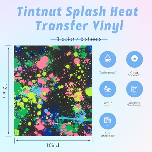 Tintnut Colorful Splash Heat Transfer Vinyl - 6 Sheets 10"x12" Green Watercolor Patterned HTV Iron On Vinyl for T-Shirts & Hats - color: Neon Green-6pcs