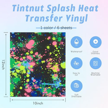 Tintnut Colorful Splash Heat Transfer Vinyl - 6 Sheets 10"x12" Green Watercolor Patterned HTV Iron On Vinyl for T-Shirts & Hats - color: Neon Green-6pcs