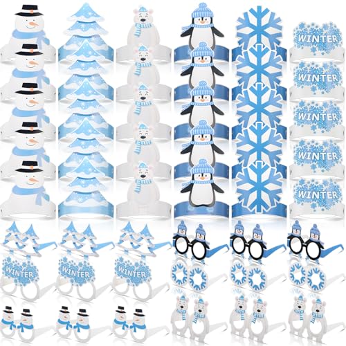 60 Pcs Winter Snowflake Party Favor Supplies Paper Eyeglasses Hat Headbands Winter Snowman Bear Penguin Party Decoration Favor Photo Booth Props for Winter Christmas Holiday Baby Shower Birthday