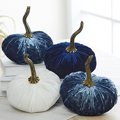 Set of 4 Small Velvet Pumpkins, elegant luxe home decor, autumn wedding centerpiece, blue baby shower nursery boy, for his office bookshelf, gift set for friend (2 Luxe Indigo, Navy, Ivory) - color: 2 Luxe Indigo, Navy, Ivory