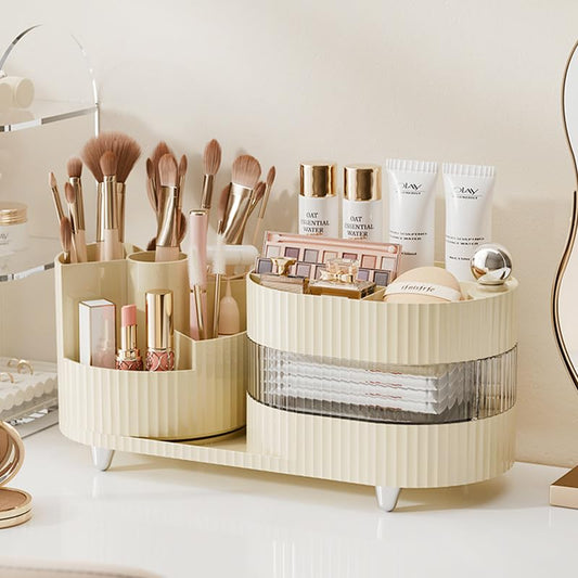 Ivory Rotating Vanity Organizer with Drawer & Brush Holder - 3 Layer Cosmetic Skincare & Perfume Storage - Countertop Makeup Display Case - color: ‎3 Layer Rotating Makeup Organizer-White