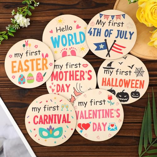 7pcs My First Holiday Baby Milestones Cards, My 1st Signs of 14 Holidays Wooden Circles New Baby Sign Double Sided Baby Discs Announcement Newborn Photo Props for Baby Shower Party Supplies Gift