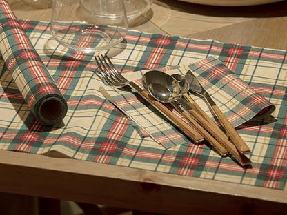 MY DRAP Cotton Luncheon Napkins Bells Xmas (7.8 x 7.8 in - 12 Per Roll) Perfect for hossting Christmas, Xmas, Holidays, Holiday Party, for Party and Events - color: Natural Tartan