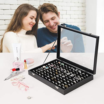 100 Slots Ring Case Organizer Display Box,Rings Holder Storage Boxes for Jewelry Showcase with Glass Lid (Black Velvet).