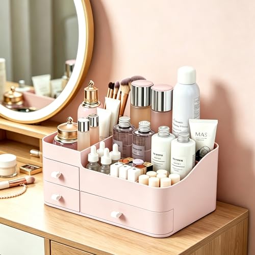 Makeup Organizer with Drawers, Bathroom Counter Organizer, Plastic Cosmetic Display Case, Large Skincare Storage for Vanity Countertop, Ideal for Bedroom Dresser top and Desktop - color: Pretty Pink