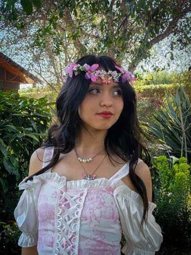 MOSTORY Handmade Fairy Butterfly Crown - Elf Flower Hadpiece Elven Headband for Women s Spring Wedding Maternity Shoot - color: Pink-green