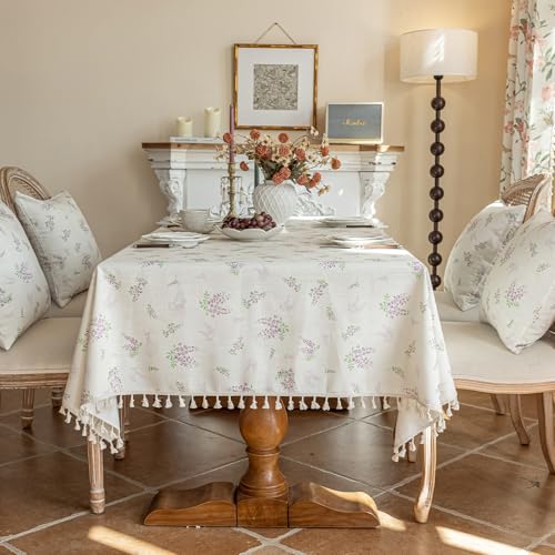 VClife Tablecloth Linen Texture Tablecloth for Rectangle Table 60"x120" Aesthetic Vintage Purple White Flower Leaves Printed Pattern Table Cover for 10-12 Seaters Decorative Fabric Furniture Protector - color: Purple Flowers, size: 120" x 60" (Rectangular