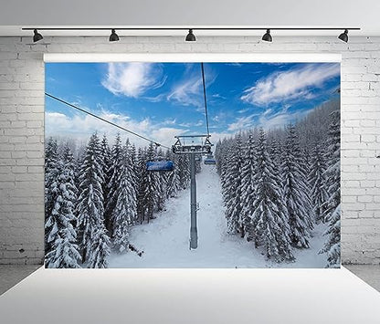 BELECO 5x3ft Fabric Winter Ski Resort Backdrop Snowy Mountain Cableway Station Fir Trees Background Winter Theme Kids Birthday Party Decor Photo Studio Props - size: 5x3FT