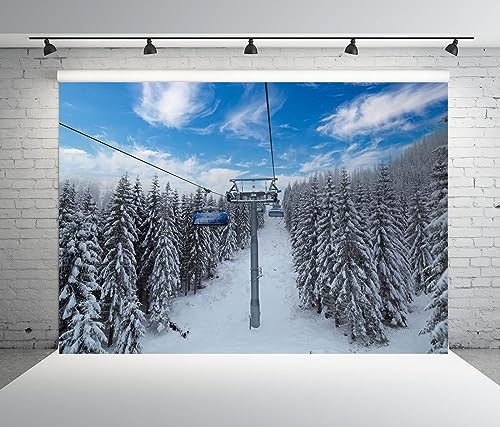 BELECO 9x6ft Fabric Winter Ski Resort Backdrop Snowy Mountain Cableway Station Fir Trees Background Winter Theme Kids Birthday Party Decor Photo Studio Props - size: 9x6FT