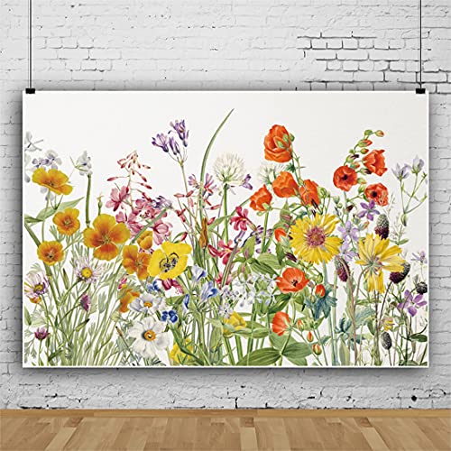Laeacco 10x8FT Watercolor Wild Flower Backdrop Plain Floral Bridal Shower Wedding Background Rustic Retro Colorful Dried Flower Backdrop for Birthday Home Room Wallpaper Women Girl Children Portrait - size: 10x8ft