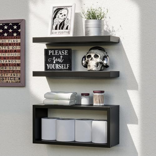 RICHER HOUSE Black Floating Shelves Set of 3, Modern Bathroom Shelves Wall Mounted Shelves for Wall Decor, Over Toilet Black Wall Shelves for Bathroom Bedroom, Living Room, Kitchen - color: Black, size: 2+1