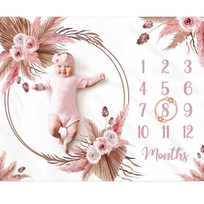 Floral Boho Baby Monthly Milestone Blanket Little Girl Bohemian Photo Prop Blanket Personalized Bliss Baby Present Pampas Grass Ideas for Newborn Princess Pinkk Nursery Décor 40" X 50"
