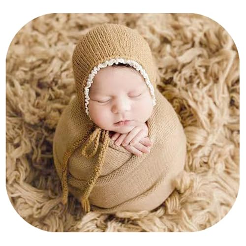 Coberllus Newborn Baby Photography Props Wrap Knitted Blanket Swaddle & lace Edge Bonnet for Boys Girls Photo Shoot Wrap Prop (Off White) - color: Off White