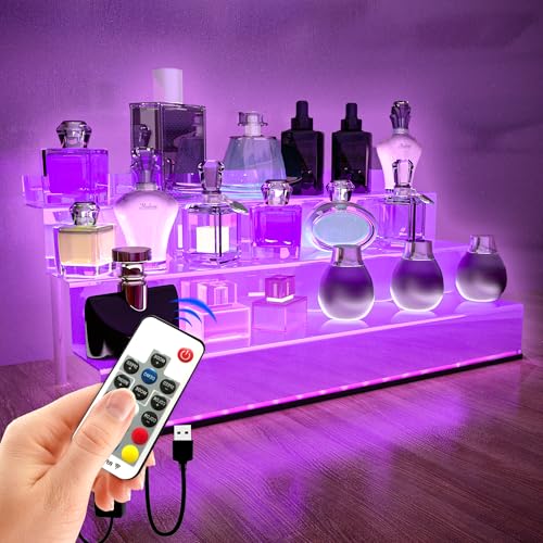 YMVV 15.7 IN Clear Acrylic Display Riser Shelf with LED light,3 Tier Display Step Shelves Holder, Perfume Cologne Organizer Holder,Pops Toys Figures, Clear Cupcake Riser, Dessert Shelf, Decoration on - color: LED+Clear+15.7IN+3 Tier