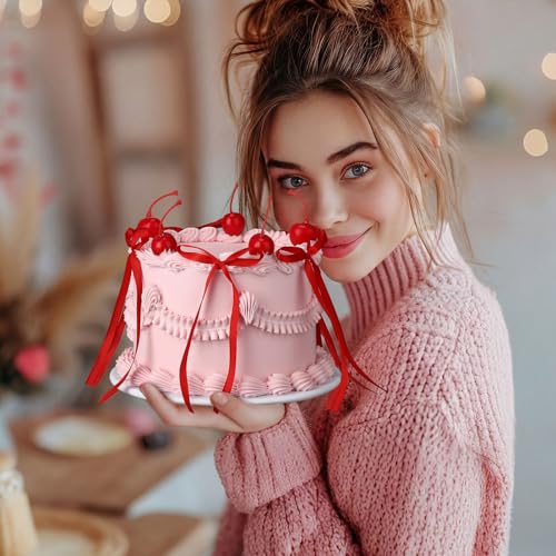 Shappy Cherry Bow Cake Decoration Pink Fake Cake with Realistic Artificial Cherries Toppers and Bows Coquette Room Decor for Birthday Wedding Bridal Shower Party Supplies Dessert Display Photo Props