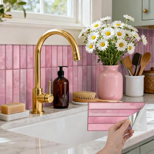 VICCI 20-Sheet Subway Tile Stickers, 3D Textured Blush Pink Peel and Stick Backsplash 4.72x9.68, No-Grout Removable - color: Blush Pink