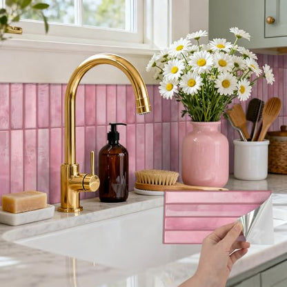 VICCI 20-Sheet Subway Tile Stickers, 3D Textured Blush Pink Peel and Stick Backsplash 4.72x9.68, No-Grout Removable - color: Blush Pink