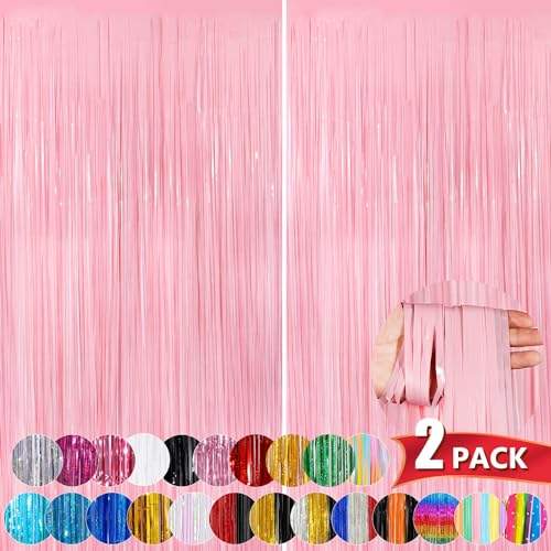 Pastel Pink Metallic Tinsel Foil Fringe Curtains, 2 Pack 3.3x8.3 Feet Tinsel Backdrop for Birthday Wedding Easter Christmas, Pink Fringe Backdrop Foil Curtain for Valentines Day Decorations - color: Pastel Pink, size: 2 Pack
