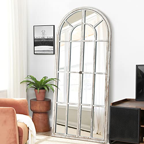 NeuType Arched Full Length Mirror - 71" x 32" Rustic Wood Frame Floor & Wall-Mounted Mirror for Living Room, Bathroom, Bedroom - Weathered White - color: Weathered White (Wood Arched), size: 71"L x 32"W