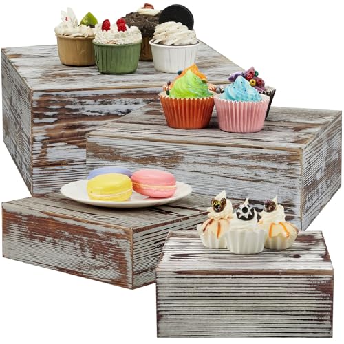 Juexica Set of 4 Large Wood Display Risers Rustic Cupcake Stand Size 11.8",10",7.8",6.3", Wooden Stackable Display Box Wood Cake Stand for Dessert Wedding Birthday Christmas Party(Classic)