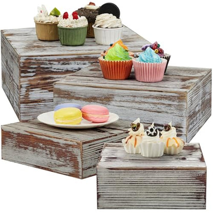 Juexica Set of 4 Large Wood Display Risers Rustic Cupcake Stand Size 11.8",10",7.8",6.3", Wooden Stackable Display Box Wood Cake Stand for Dessert Wedding Birthday Christmas Party(Classic)