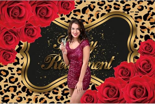 Renaiss Happy Retirement Backdrop for Photography 10x8ft Fabric Red Rose Flowers and Leopard Print Background for Woman Retirement Party Decorations Photo Backdrops - color: Retirement, size: 10Wx8H FT