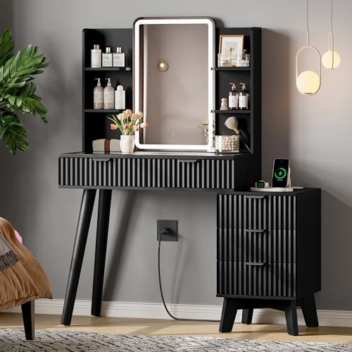 Vanity Desk With HD Lighted Mirror and Lights, Fluted Small Makeup Vanity with Storage Drawers & Shelves, Modern Dressing Table Set with Power Outlet & Glass Table Top for Women Girls Bedroom, Black - color: Black, size: 5 Drawers