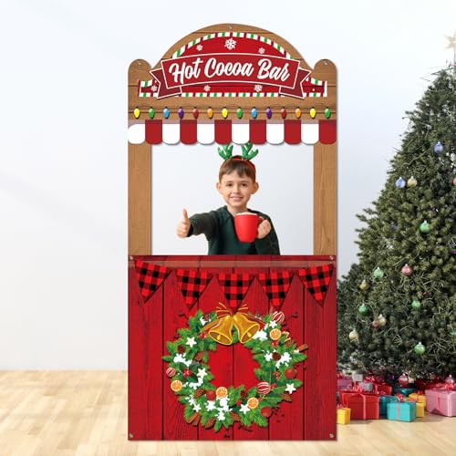 Christmas Theme Party Decorations Hot Cocoa Bar Photography Studio Props Hot Cocoa Bar Theme Photo Booth Props Hanging Backdrop Banner for Kids Family Photo Booth Winter Xmas Holiday Party Supplies