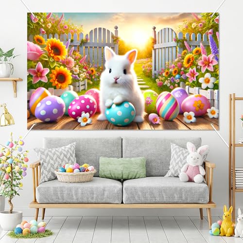 BlissYard Happy Easter Party Backdrop Banner Spring Easter Bunny Backdrop White Rabbit Colorful Easter Eggs Photography Background Floral Rabbit Easter Baby Shower Jesus Party Photo Props 71 x 43 - color: Easter Bunny#7