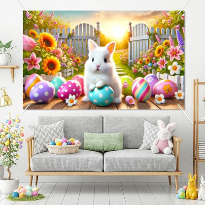 BlissYard Happy Easter Party Backdrop Banner Spring Easter Bunny Backdrop White Rabbit Colorful Easter Eggs Photography Background Floral Rabbit Easter Baby Shower Jesus Party Photo Props 71 x 43 - color: Easter Bunny#7