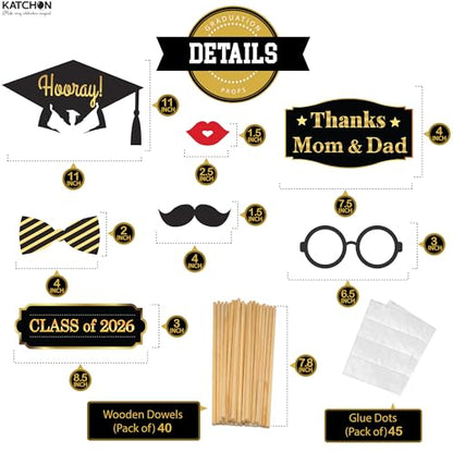 KatchOn, Graduation Photo Booth Props - Pack of 40 | Black and Gold Grad Photo Props, Graduation Decorations 2026 | Congrats Grad Props for Photoshoot 2026, Class of 2026 Decor | Grad Party Supplies