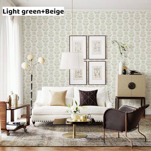 Wudnaye Vintage Floral Peel and Stick Wallpaper Beige Floral Contact Paper 17.7in × 590.4in Tulip Self Adhesive Wallpaper Boho Flowers Removable Waterproof Wall Paper for Bathroom Bedroom Decorative - color: Green, size: 17.7" x 590.4"