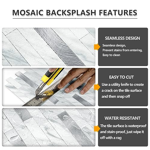 STICKGOO 20 Sheets Peel and Stick Backsplash Tile, Stick on Backsplash for Kitchen and Bathroom, Volakas White Look PVC Mixed Metal Silver Self Adhesive Wall Tiles - color: Volakas White + Metal Silver