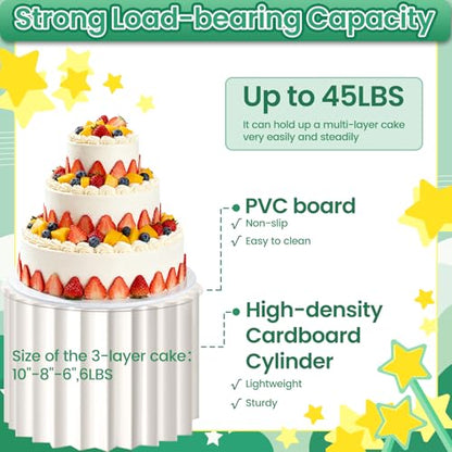 Lucomb 5 PCS Buffet Risers, Food Display Risers for Table, Foldable Cake Stands with Dessert Knife, Fork, Spoon, White Cardboard Cylinder Risers for Party, Wedding, Birthday, Holiday