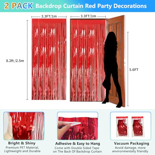 2 Pack Red Streamers Party Backdrop Foil Fringe Curtains Photo Booth Props for Birthday Christmas Wedding Carnival Casino Theme Birthday New Year Holiday Celebration Bachelorette Party Decorations - color: Red