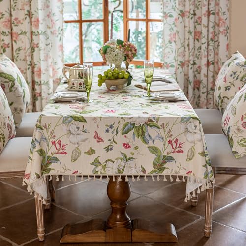 VClife Vintage Floral Butterfly Pattern Tablecloth, Linen Textured Rectangle Table Cover, Shabby Chic Botanical Design for Dining Table, Decorative Fabric Furniture Protector for 8-10 Seaters 60"x102" - color: Butterfly and Flowers, size: 102" x 60" (Rect