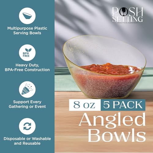 Posh Setting - Gold Plastic Serving Bowls for Party Angled Bowls Disposable Chip Bowls Candy Bowls for Party Table Salad and Fruit Bowls for Wedding Serving Bowls-Gold Glitter, 8 OZ, 5 Pack - color: Gold Glitter, size: Small 8 OZ