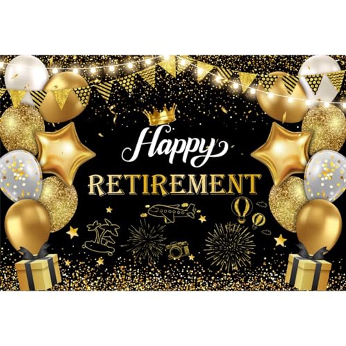 Happy Retirement Photography Backdrop Black and Gold Retirement Party Decorations Backdrop Background Balloons White Lights Glitter Celebrate Retirement Party Supplies Studio Props,71x43 Inch - color: Black Gold06, size: 6x3.6ft