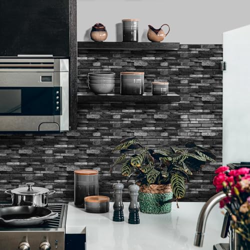 3D Textured Peel and Stick Backsplash Tiles - 20 Sheets 9.69"x4.72" Waterproof Self-Adhesive Tile for Kitchen, Bathroom - Black - color: Black