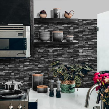 3D Textured Peel and Stick Backsplash Tiles - 20 Sheets 9.69"x4.72" Waterproof Self-Adhesive Tile for Kitchen, Bathroom - Black - color: Black