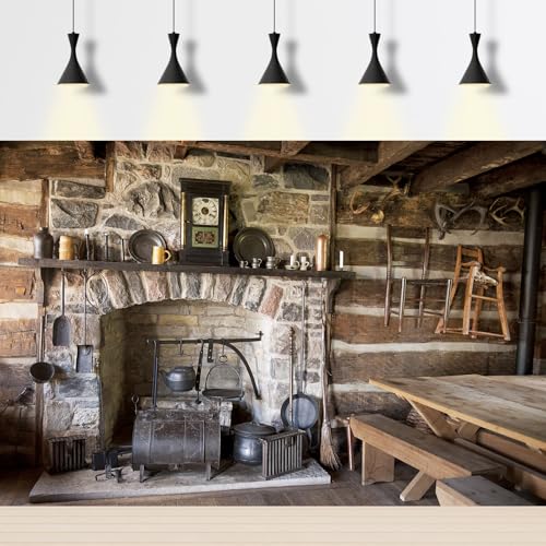 Rustic Kitchen Backdrop Western Old Wooden House Interior Kitchen Background Rural Farmhouse Fireplace Cooking Utensils Background Old Pioneer Log Home Farmers Backdrop Portrait Photo Props 5x3ft - size: 5x3ft