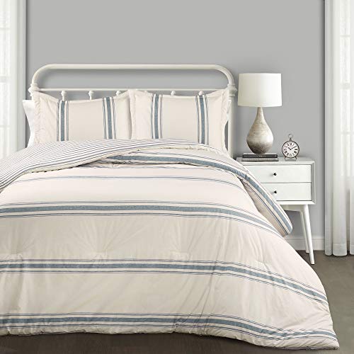 Lush Decor Farmhouse Stripe Reversible Cotton Comforter Set, 3 Piece Set, Full/ Queen, Blue - Cozy F𝐚rmhouse Bedding Set - Rustic Decor - Striped Comforter - Modern Farmho𝐮se Bedroom Decor - color: Blue, size: Full/Queen