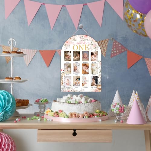 Wild One My First Year Photo Board, Jungle Animals Baby Milestone Signs for Boys Girls Nursery Decor, 12 Month Wooden Picture Board for 2x3 Photos, Best Babies Keepsake Gifts-A07 - color: Wild One 1