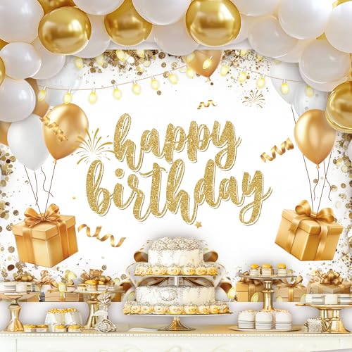 Newsely Gold and White Birthday Backdrop for Women 7Wx5H Photography Girls Happy Birthday Modern Elegant Balloon Background Sweet Gift Box Fashion Party Decorations Banner Photo Booth Props Supplies - color: J-Gold, size: 7Wx5H