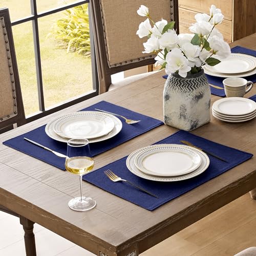 Romanstile Cloth Placemats Set of 6-12 x 18 Inch, Heat Resistant Double Layered Thickened Burlap Place Mats, Washable Faux Linen Farmhouse Table Mats for Kitchen/Dining/Party/Outdoor, Navy Blue - color: Navy Blue, size: Placemats 12" X 18", Set of 6