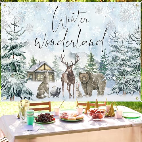 Mocsicka Winter Wonderland Backdrop Banner Reindeer Forest Winter Wonderland Baby Shower Holiday Party Decorations Photo Booth Props (8x6ft) - size: 8x6ft