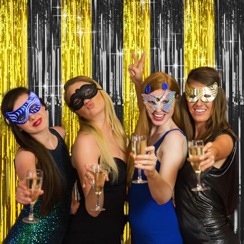 4 Packs Black and Gold Foil Fringe Curtain, Black Gold Metallic Tinsel Backdrop for Birthday, Wedding, Graduation Decorations 2025, Anniversary, Retirement Party Decorations Supplies - color: Black Gold