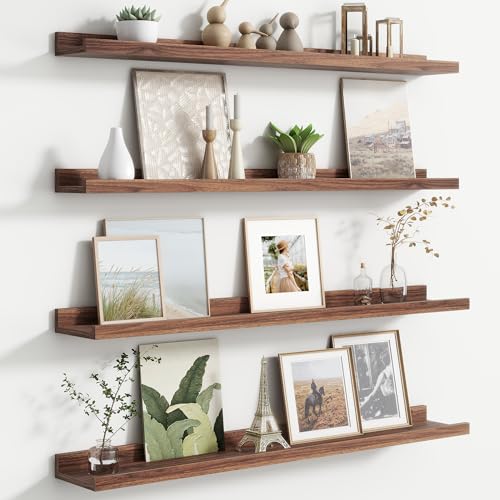 FLYJOE Floating Picture Ledge Shelves for Wall Set of 4, 36 Inch Wall Shelves with Lip Long Large Nursery Book Shelf for Toys Storage Kids Bookshelf Wall Mounted Living Room Bedroom Decor Frames - color: Walnut, size: 36'', Set of 4